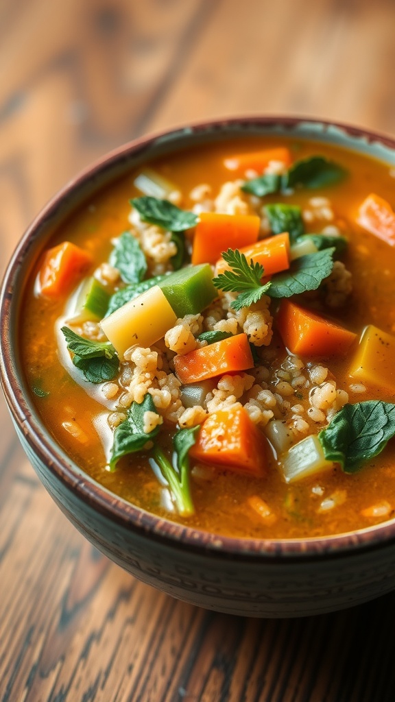 A bowl of quinoa and vegetable soup with carrots, celery, and spinach in a rich broth, garnished with herbs.